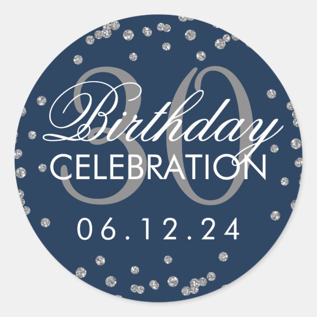 Silver Navy Blue 30th Birthday Glitter Confetti Classic Round Sticker (Front)