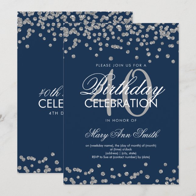 Silver Navy Blue 40th Birthday Glitter Confetti Invitation (Front/Back)