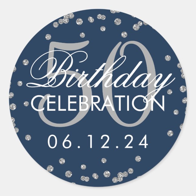 Silver Navy Blue 50th Birthday Glitter Confetti Classic Round Sticker (Front)