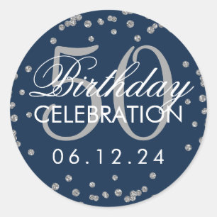 Silver Navy Blue 50th Birthday Glitter Confetti Classic Round Sticker