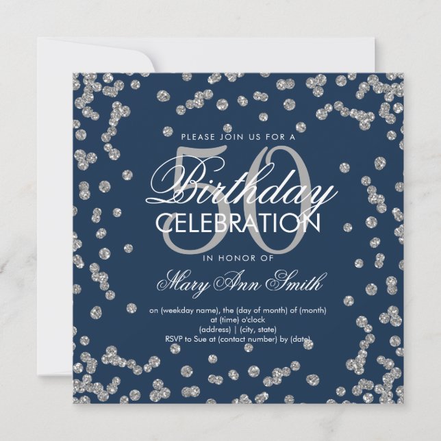 Silver Navy Blue 50th Birthday Glitter Confetti Invitation (Front)