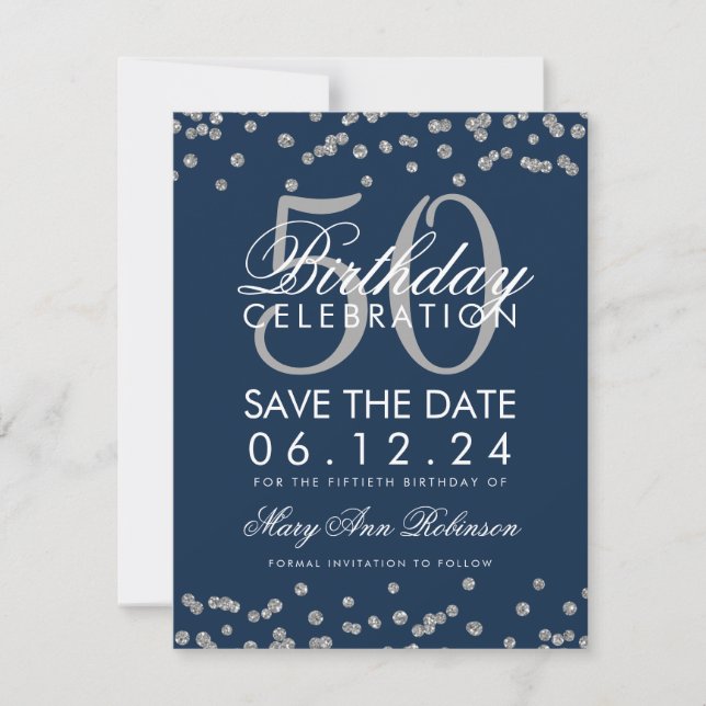 Silver Navy Blue 50th Birthday Save Date Confetti Save The Date (Front)