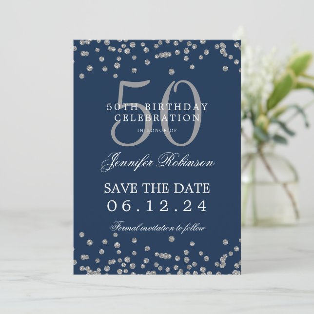 Silver Navy Blue 50th Birthday Save Date & Details Invitation (Standing Front)