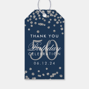 Silver Navy Blue 50th Birthday Thank You Confetti Gift Tags