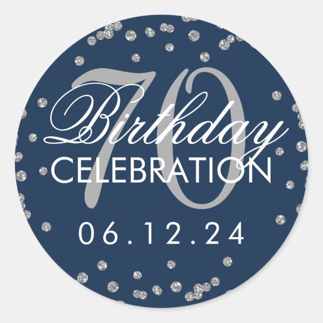 Silver Navy Blue 70th Birthday Glitter Confetti Classic Round Sticker (Front)