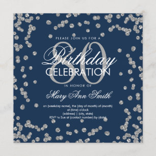 Silver Navy Blue 80th Birthday Glitter Confetti Invitation
