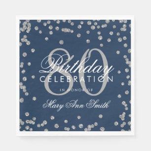 Silver Navy Blue 80th Birthday Glitter Confetti Napkin
