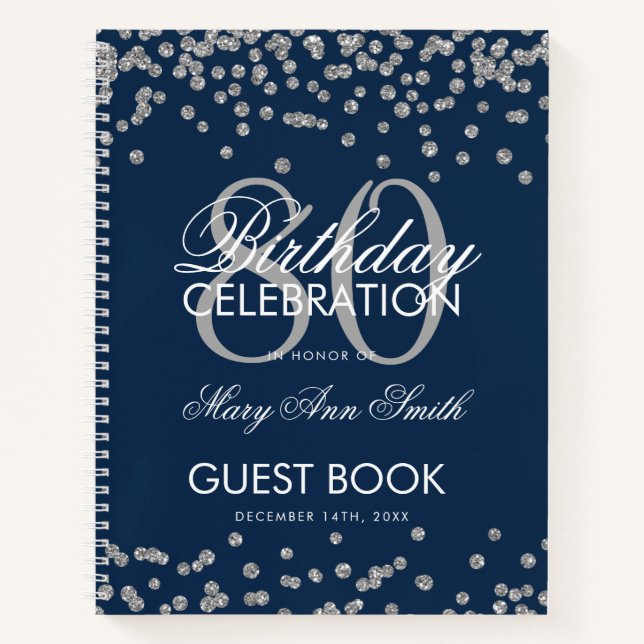Silver Navy Blue 80th Birthday Guestbook Confetti Notebook (Front)