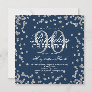 Silver Navy Blue 90th Birthday Glitter Confetti Invitation