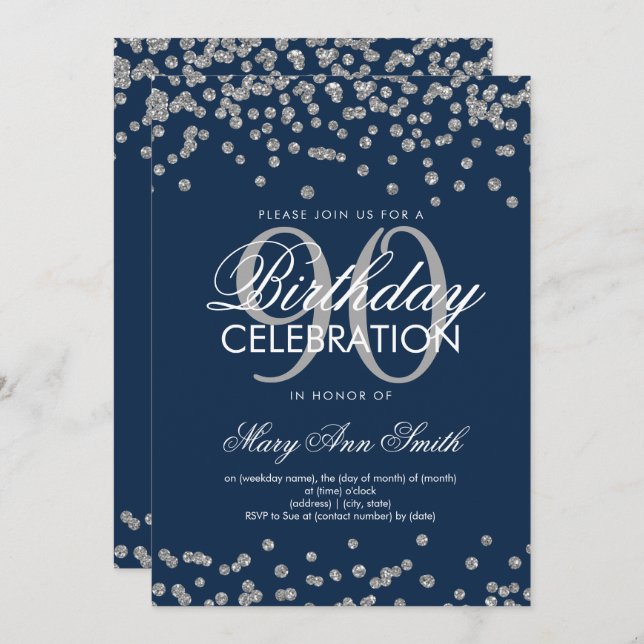 Silver Navy Blue 90th Birthday Glitter Confetti Invitation (Front/Back)