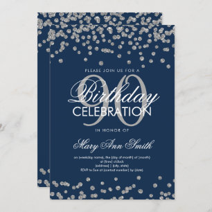 Silver Navy Blue 90th Birthday Glitter Confetti Invitation