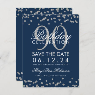 Silver Navy Blue 90th Birthday Save Date Confetti Invitation