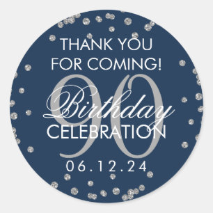 Silver Navy Blue 90th Birthday Thank You Glitter Classic Round Sticker