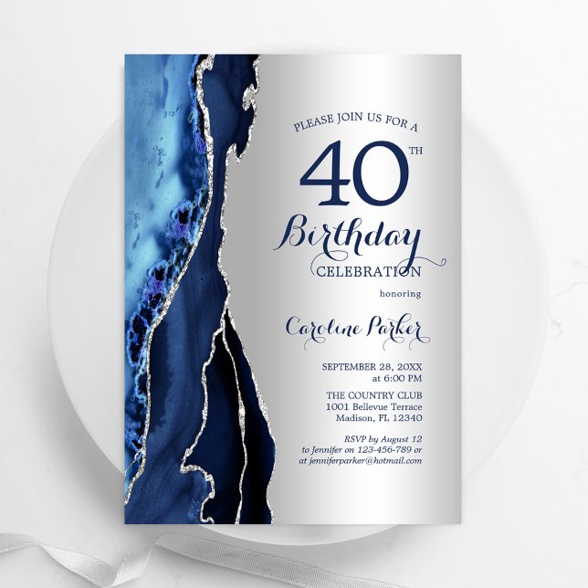 Silver Navy Blue Agate 40th Birthday Invitation (Creator Uploaded)