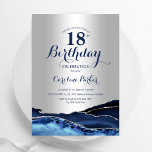 Silver Navy Blue Agate Marble 18th Birthday Invitation<br><div class="desc">Navy blue and silver agate 18th birthday party invitation. Elegant modern design featuring royal blue watercolor agate marble geode background,  faux glitter silver and typography script font. Trendy invite card perfect for a stylish women's bday celebration. Printed Zazzle invitations or instant download digital printable template.</div>