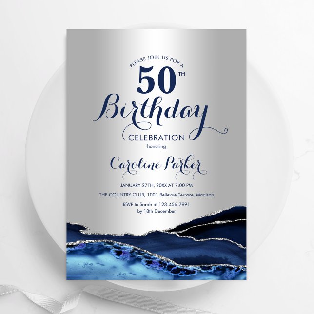 Silver Navy Blue Agate Marble 50th Birthday Invitation (Creator Uploaded)