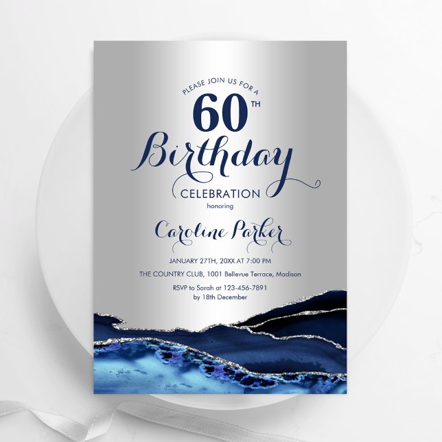 Silver Navy Blue Agate Marble 60th Birthday Invitation (Creator Uploaded)