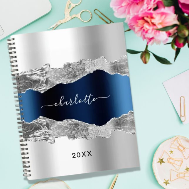 Silver navy blue agate marble name elegant 2022 planner (Creator Uploaded)