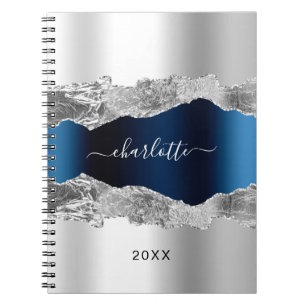 Silver navy blue agate marble name script elegant notebook