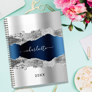 Silver navy blue agate marble name script elegant notebook