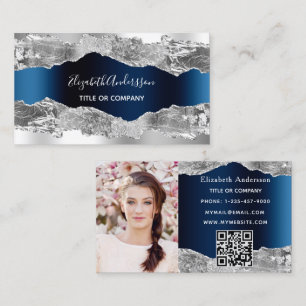 Silver navy blue agate marble QR code photo Business Card