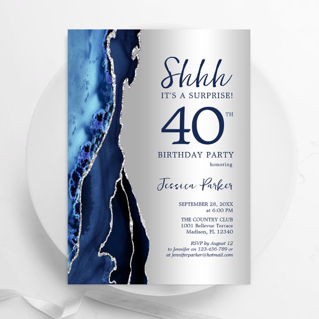 Silver Navy Blue Agate Surprise 40th Birthday Invitation (Creator Uploaded)