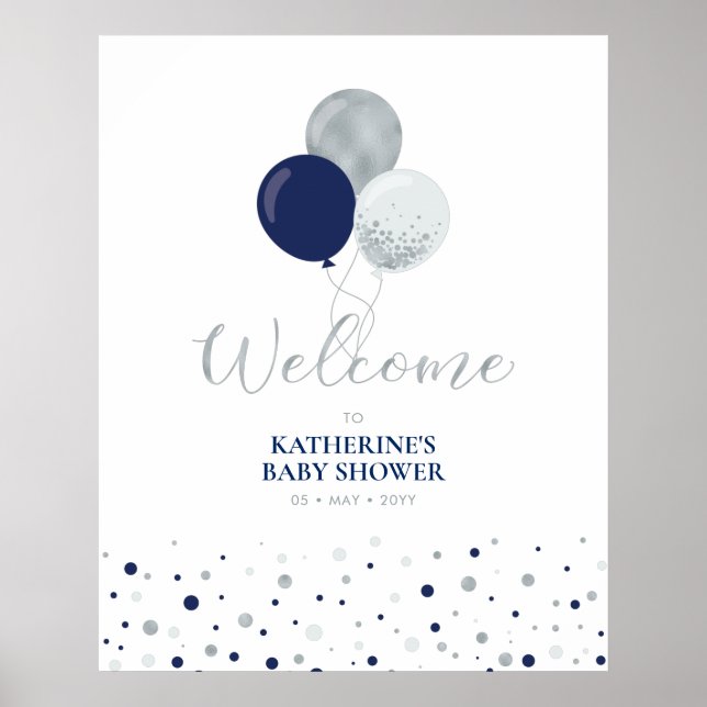 Silver & Navy Blue Balloons | Baby Shower Welcome Poster (Front)
