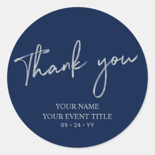 Silver & Navy Blue Birthday Party Thank you Favour Classic Round Sticker