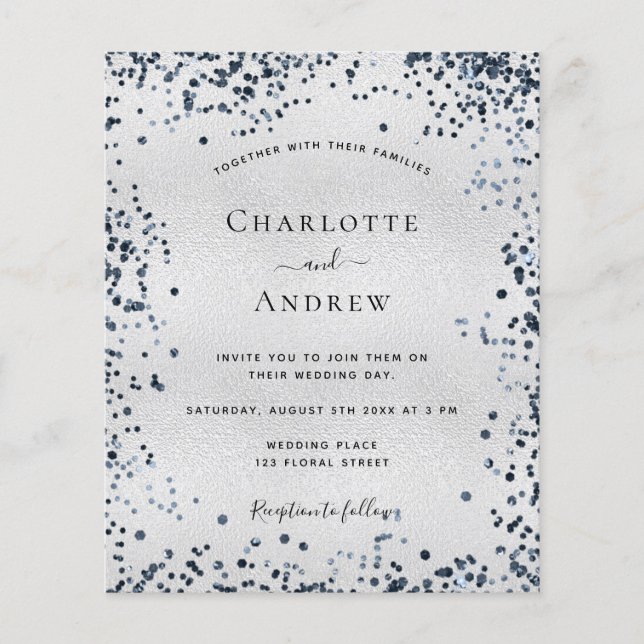 Silver navy blue budget wedding invitation flyer (Front)