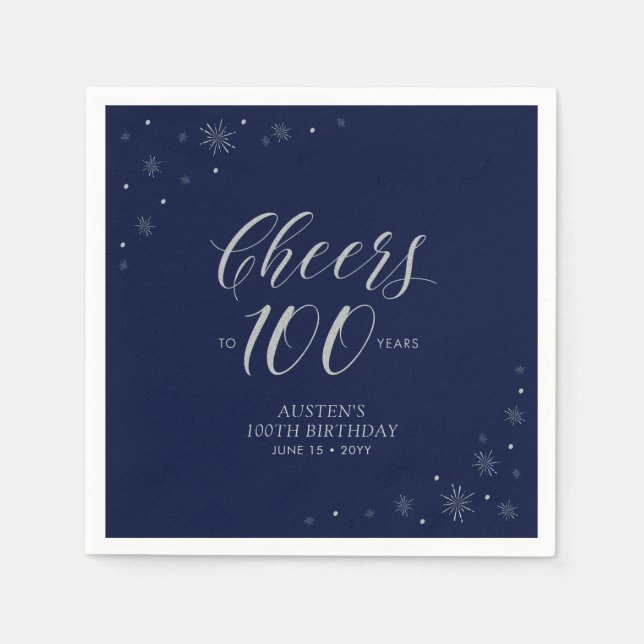 Silver & Navy Blue Cheers 100th Birthday Party Napkin (Front)