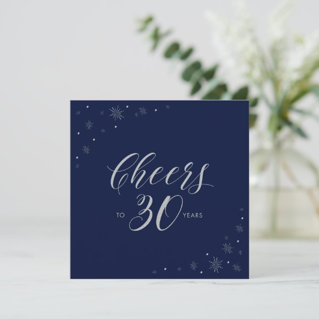 Silver Navy Blue Cheers 30th Birthday Party Square Invitation (Standing Front)