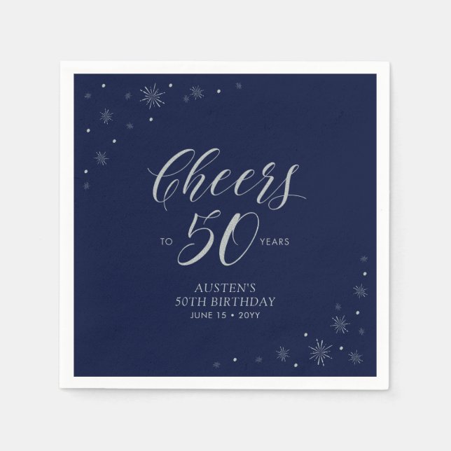 Silver & Navy Blue Cheers 50th Birthday Party Napkin (Front)