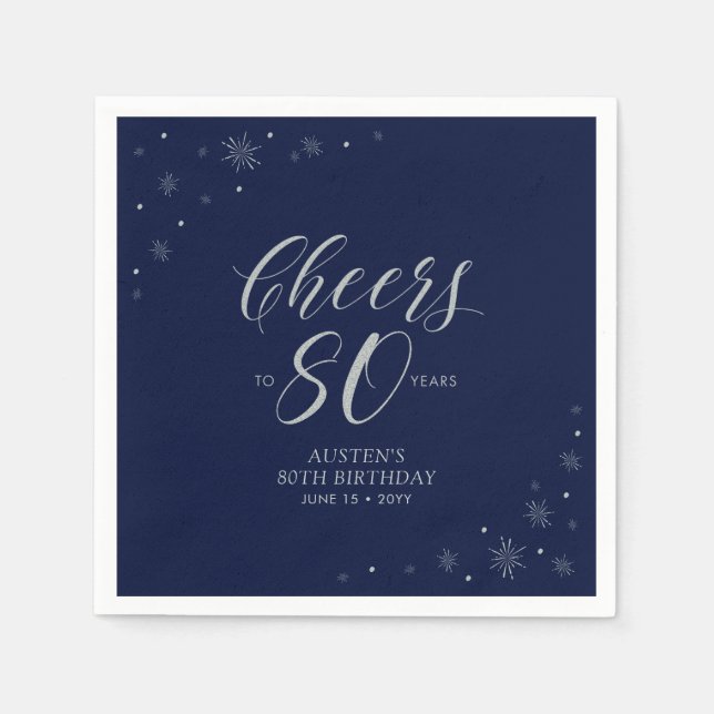 Silver & Navy Blue Cheers 80th Birthday Party Napkin (Front)