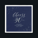 Silver & Navy Blue Cheers 90th Birthday Party Napkin<br><div class="desc">Add detail to your 90th birthday party with this personalised paper napkin. This design features chic silver typography and sparkle graphics on a dark navy blue background. You can customise the text and background colour. Matching invitations and party supplies are available at my shop BaraBomDesign.</div>