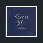 Silver & Navy Blue Cheers 90th Birthday Party Napkin<br><div class="desc">Add detail to your 90th birthday party with this personalised paper napkin. This design features chic silver typography and sparkle graphics on a dark navy blue background. You can customise the text and background colour. Matching invitations and party supplies are available at my shop BaraBomDesign.</div>