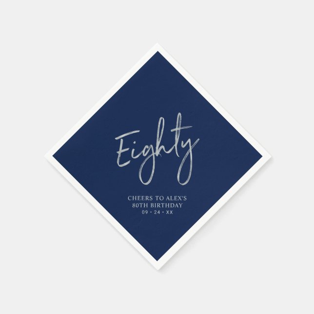 Silver Navy Blue Cheers Eighty 80th Birthday Party Napkin (Corner)