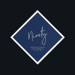 Silver Navy Blue Cheers Ninety 90th Birthday Party Napkin<br><div class="desc">This custom paper napkin will add stylish detail to your 90th birthday celebration. This design features simple chic silver lettering "Ninety" with navy bule background. Matching invitations and party supplies are available in my shop BaraBomDesign.</div>