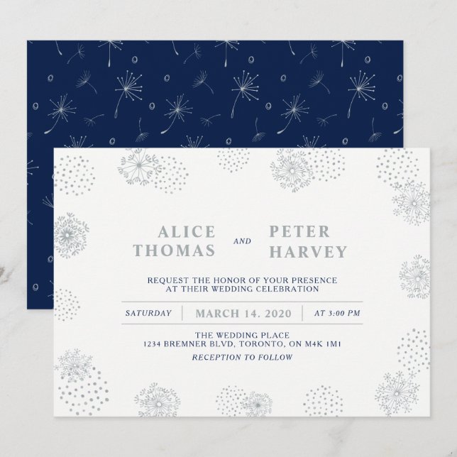Silver & Navy Blue | Chic Modern Wedding Ceremony Invitation (Front/Back)