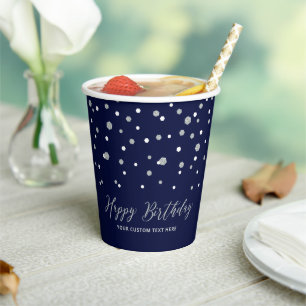 Silver & Navy Blue Confetti Adult Birthday Party Paper Cups