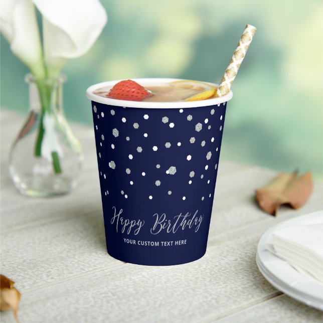 Silver & Navy Blue Confetti Adult Birthday Party Paper Cups (Insitu)