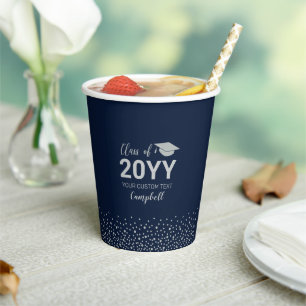Silver & Navy blue Confetti Graduation Party Paper Cups