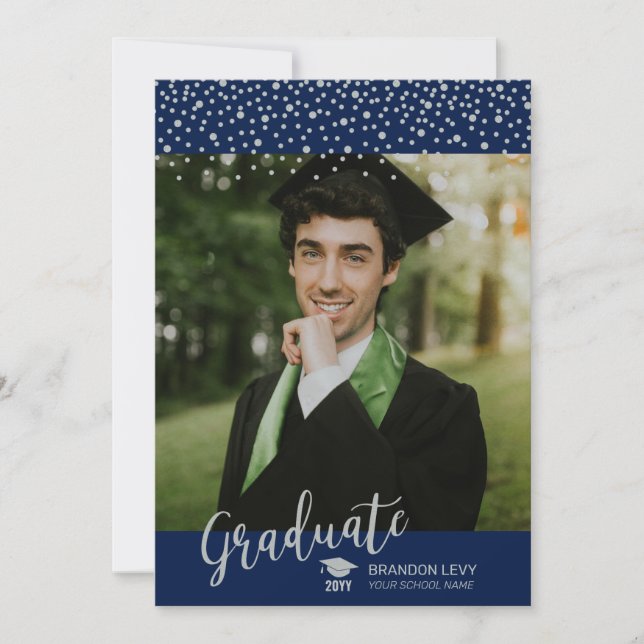 Silver & Navy Blue Confetti Photo Graduation Announcement (Front)