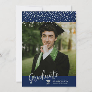 Silver & Navy Blue Confetti Photo Graduation Announcement