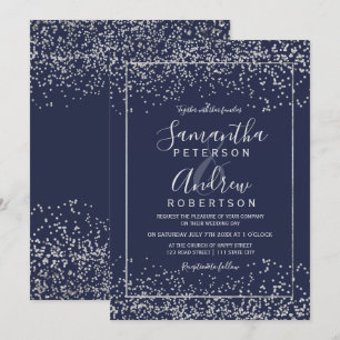 Silver navy blue confetti typography wedding invitation
