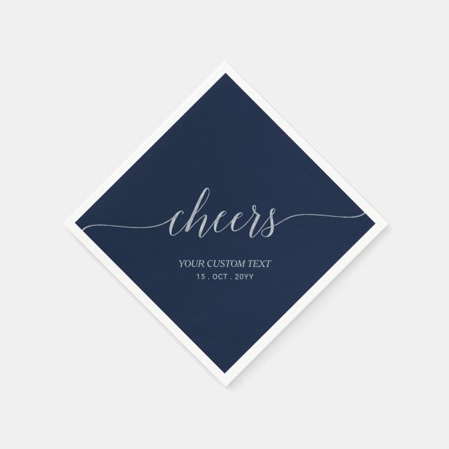 Silver Navy Blue Elegant Stylish Lettering Cheers Napkin (Corner)