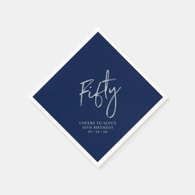 Silver & Navy Blue Fifty 50th Birthday Party Napkin (Corner)