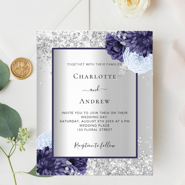 Silver navy blue floral budget wedding invitation flyer (Creator Uploaded)