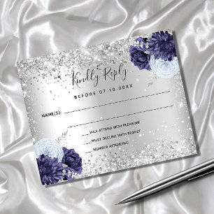 Silver navy blue florals budget wedding RSVP card