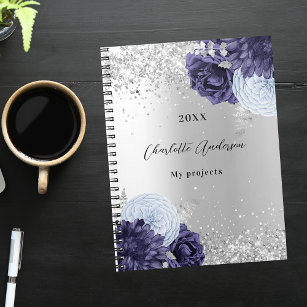 Silver navy blue florals elegant glamourous notebook