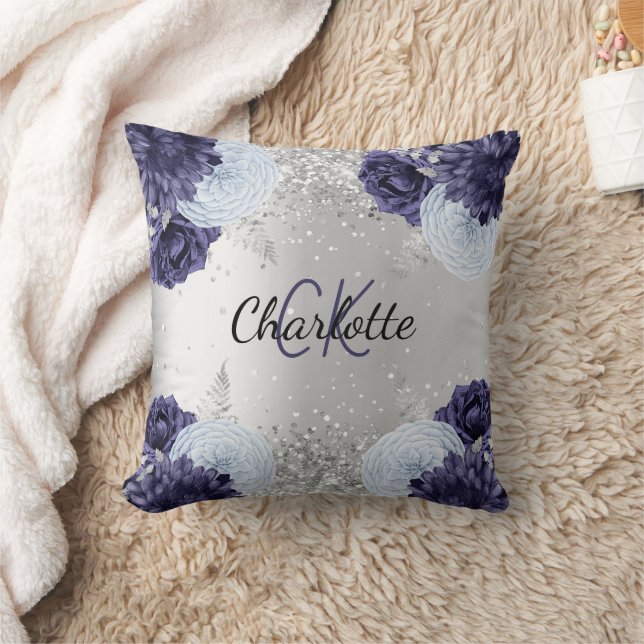 Silver navy blue florals elegant monogram name cushion (Blanket)